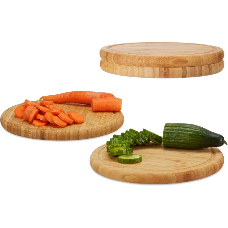 Relaxdays Frühstücksbrettchen 4er Set, Bambus, rund, 25 cm, Küchenbrett, pflegeleicht, natürlich, messerschonend, natur