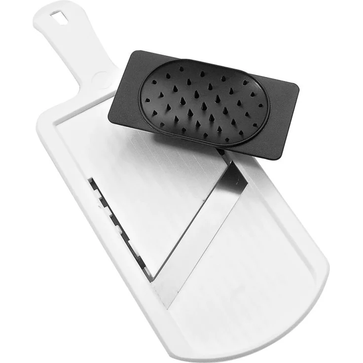 Fackelmann Dick--Dünnschneider mit Restehalter, Gemüseschneider mit zweiseitiger Edelstahl-Klinge, hochwertiger Gemüsehobel (Farbe: Weiß-Schwarz), Menge: 1 Stück – Bild 1