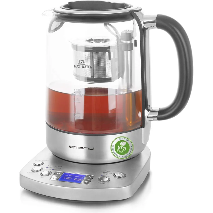 Emerio WK-122248, Glas Teekocher, Wasserkocher, vollautomatisches Teesieb, Absenkautomatik, Borosilikatglas, BPA frei, 1.7l Volumen, Temperaturwahl, 2200 Watt, Schwarz-Silber – Bild 1