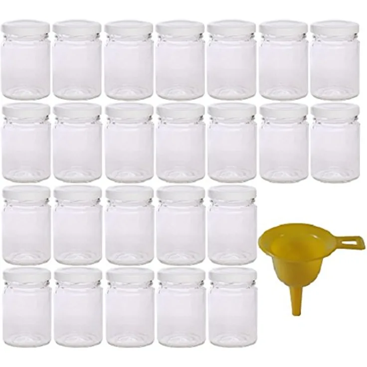 Viva Haushaltswaren 24 x kleines Einmachglas 106 ml mit weißem Deckel, runde Glasdosen als Marmeladengläser, Gewürzdosen, Gastgeschenk etc. verwendbar inkl. Trichter