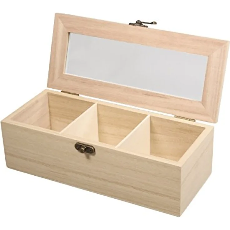 Rayher 62598000 Holz-Teebox, 21,5 x 9 x 7 cm, 3 Fächer, naturbelassen, mit Schwenkverschluss, Teekasten, Teebeutelbox, Holzbox zur Aufbewahrung von Teebeuteln, Kaffeepads, Gewürzen etc.