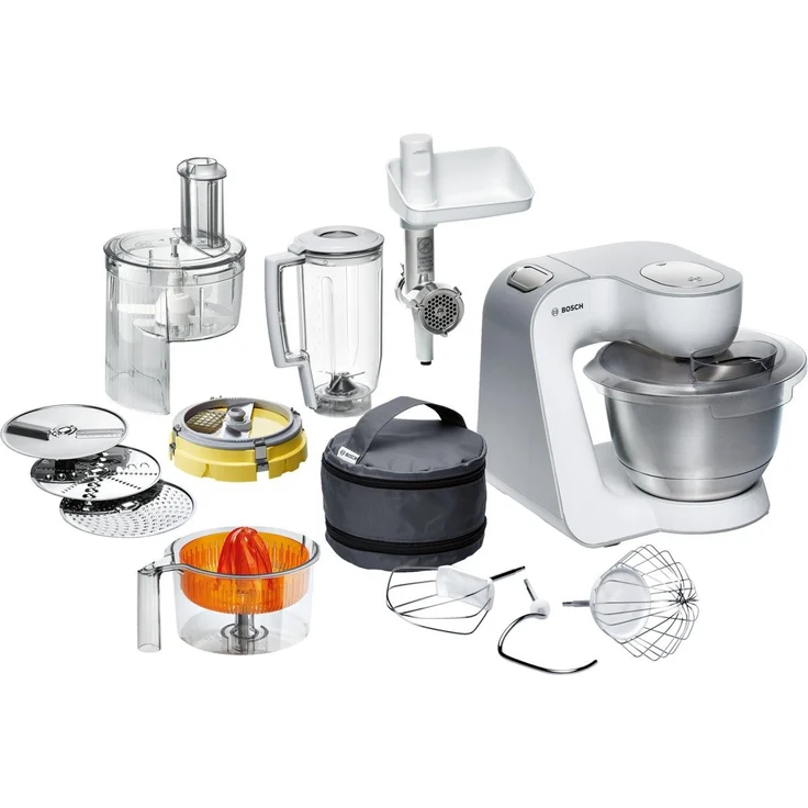 Bosch MUM54251 Styline Küchenmaschine 900W, 3,9 L, EasyArmLift, inkl. Patisserie-Set, Fleischwolfaufsatz, Standmixeraufsatz, Zitruspressenaufsatz, weiß, silber, Serie: MUM5 – Bild 1