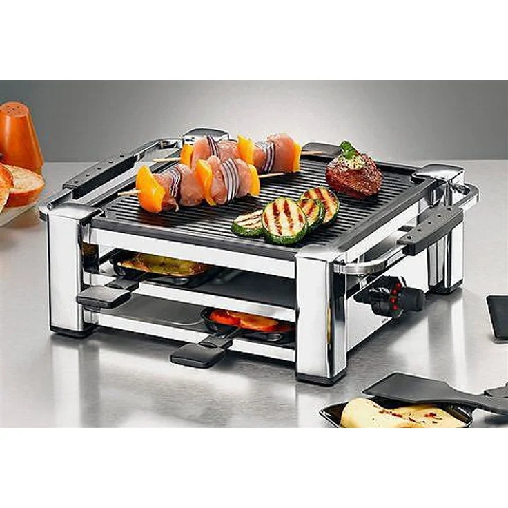 Rommelsbacher RCC 1000 Raclette-Grill Tischgrill, für 4 Personen, gerippte Alu-Druckguss-Grillplatte mit Xylan Plus Antihaftbeschichtung, Parkdeck, 4 Pfännchen, 4 Schaber, 1000 W chrom – Bild 2