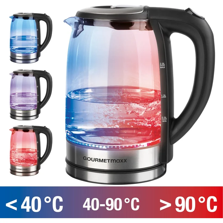 GOURMETmaxx 08107 Glas-Wasserkocher mit LED-Farbwechsel | Abschaltautomatik & Trockenschutz | 2 Liter | 2.200 Watt | Silber-Schwarz – Bild 1