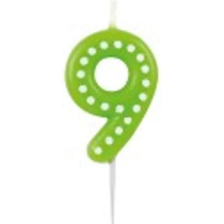 amscan 9900909 Zahlenkerze 9, mit weien Punkten, farbig Sortiert, Entweder in Gelb, Blau, Rot, Grün oder Orange