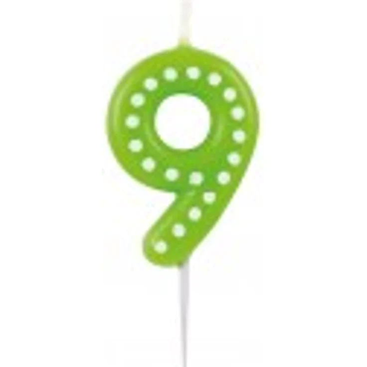 amscan 9900909 Zahlenkerze 9, mit weien Punkten, farbig Sortiert, Entweder in Gelb, Blau, Rot, Grün oder Orange