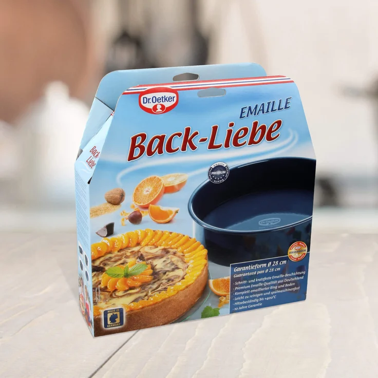 Dr. Oetker Hebeboden Ø 28 cm BACK-LIEBE EMAILLE, runde Backform mit schnitt- & kratzfester le-Versiegelung, Kuchenform für köstliche Torten (Farbe: Blau), Menge: 1 Stück – Bild 3