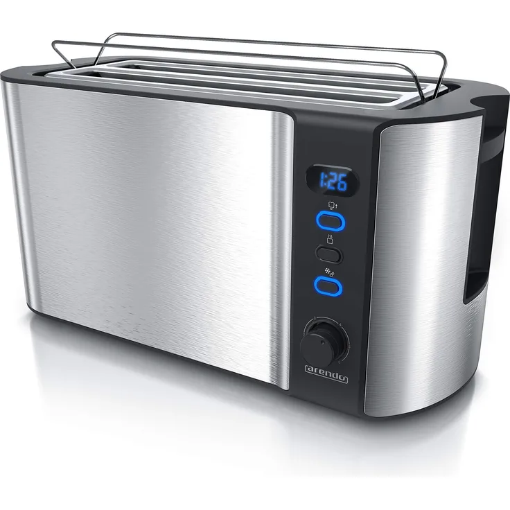 Arendo Edelstahl Toaster Langschlitz 4 Scheiben - Defrost Funktion - wärmeisolierendes Gehäuse - mit integrierten Brötchenaufsatz - 1500W - Krümelschublade - Display mit Restzeitanzeige - silber
