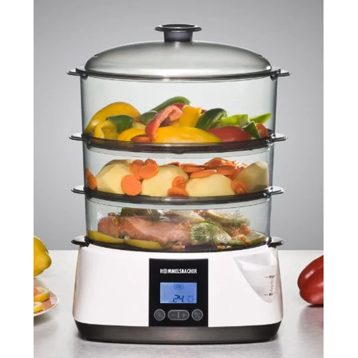 ROMMELSBACHER Dampfgarer DGS 855 - 6 Programme, Warmhaltefunktion, 99 Minuten Zeitschaltuhr, 3 Dampfeinsätze, 1,1 Liter Wassertank, elektronische Wasserstandskontrolle, 825 W, weiß-schwarz – Bild 2