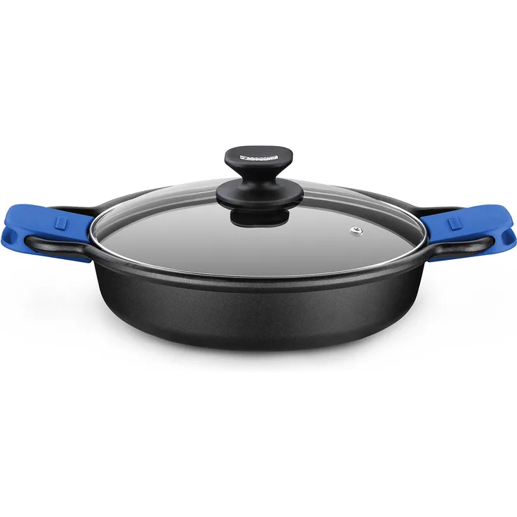 Monix Solid Schmorkasserolle, Glasdeckel und Griffe aus Silikon, Aluminium, schwarz und blau, 32. cm