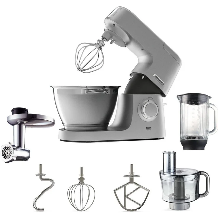 Kenwood KVC5401S Chef Elite Küchenmaschine, 1200 Watt, 4.6 l Schüssel, inkl. inkl. Standmixer-Aufsatz (1,6 L), Unviversalzerkleinerer, Zweitschüssel, Fleischwolf-Aufsatz, Spritzschutz, silber Serie: Chef Elite – Bild 2