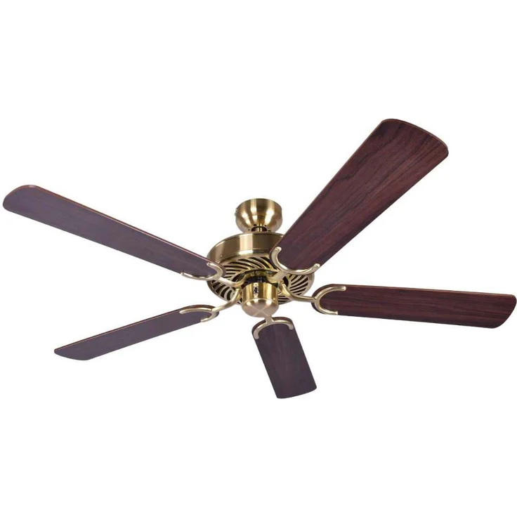 Deckenventilator ohne Beleuchtung Potkuri, Gehäuse Messing seidenmatt, Wendeflügel Mahagoni oder Mahagoni mit Rattaneinlage , 132 cm, für Räume bis zu 25m² – Bild 1