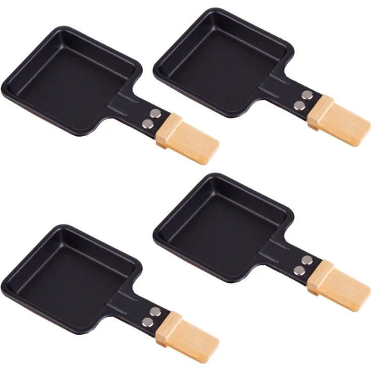 Syntrox Raclette Pfännchen viereckig mit Bambusgriff, 4 Stück, schwarz