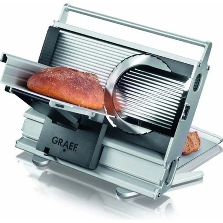 Graef Una 9 mobiler Allesschneider, 170W, elektrisch, Moment- und Dauerfunktion Aluminiumschlitten, 170 mm gezahntes Edelstahlmesser, silber – Bild 1