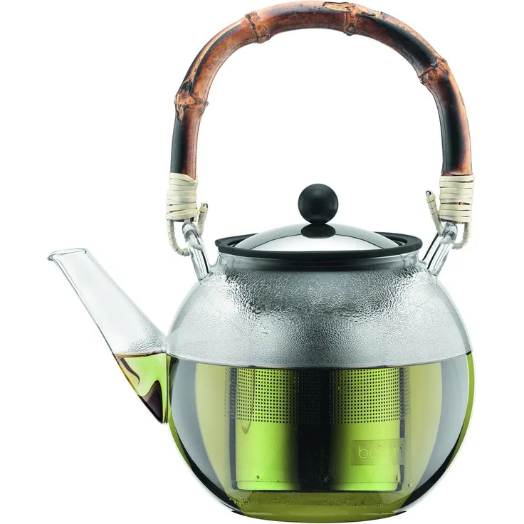 Bodum Assam Teebereiter mit Edelstahlfilter und Henkel, Glas, Bambus-Transparent Edelstahl, 14 cm