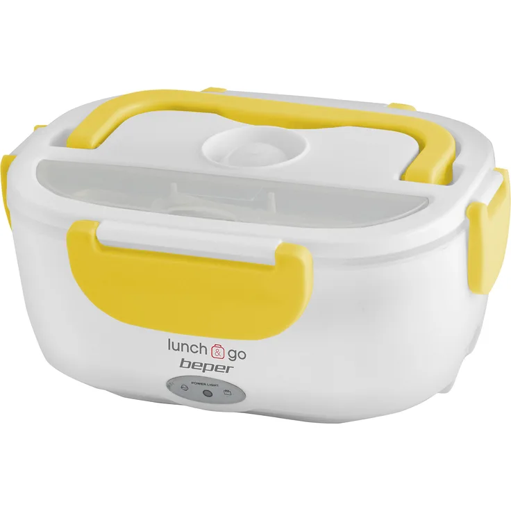 Beper Lunch & Go - Wärmende Lunchbox, tragbarer elektrischer Speisenwärmer, 2 herausnehmbare Behälter, Stahlheizplatte, mitgeliefertes Plastikbesteck, 220 V - Gelb