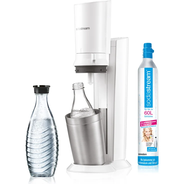 SodaStream Crystal 2.0 Promopack weiß Wassersprudler mit 2 Glaskaraffen (Füllmenge: 0,6 Liter), 1 Kohlensäure-Zylinder (Standard-Zylinder), 2 Wassergläser und 6 Sirupproben – Bild 2