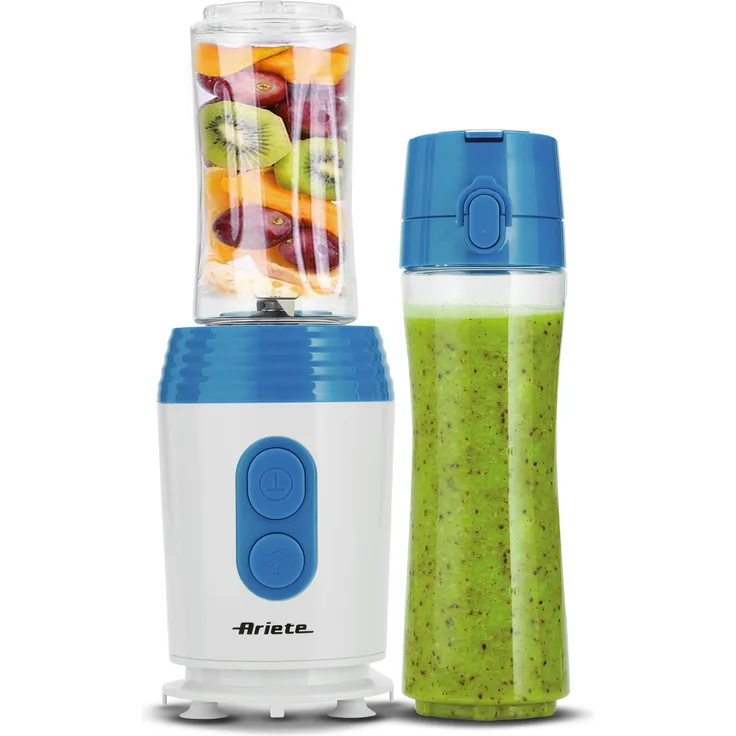 Ariete 572 Drink n'Go Standmixer mit 2 Flaschen für 400 ml und 600 ml, BPA Free, Vakuumfunktion, 350 W, 4 Klingen Tritaghiaccio Edelstahl, weiß-blau