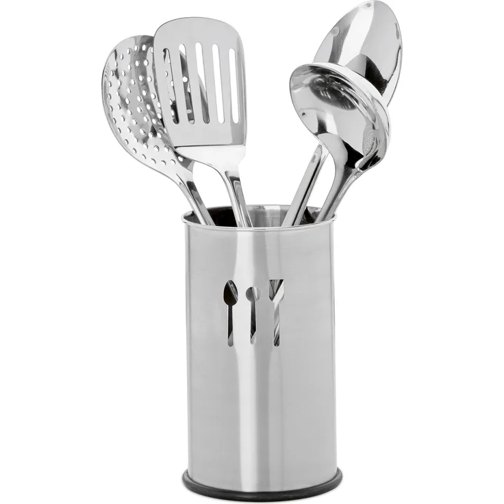 Relaxdays Küchenhelfer Set Edelstahl, 5 Teile, Besteckhalter, 4 Küchenutensilien, Kochzubehör, Kochgeschirr, silber