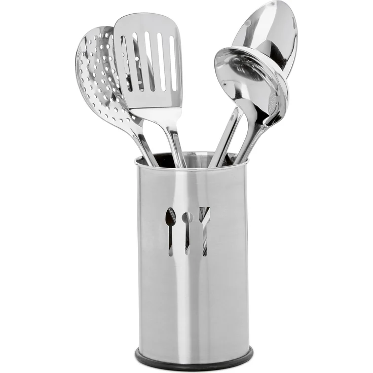 Relaxdays Küchenhelfer Set Edelstahl, 5 Teile, Besteckhalter, 4 Küchenutensilien, Kochzubehör, Kochgeschirr, silber – Bild 1
