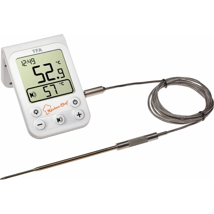TFA Dostmann Küchen-Chef Digitales Grill-Bratenthermometer mit Hintergrundbeleuchtung, Kunststoff, Weiß, 6.4 x 2 x 10 cm