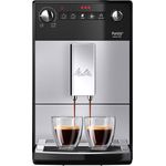 Melitta Purista F 230-101 Kaffeevollautomat mit flüsterleisem integriertem Kegelmahlwerk (Direktwahltaste, 2-Tassen Funktion, 20 cm Breite, entnehmbare Brühgruppe) silber-schwarz