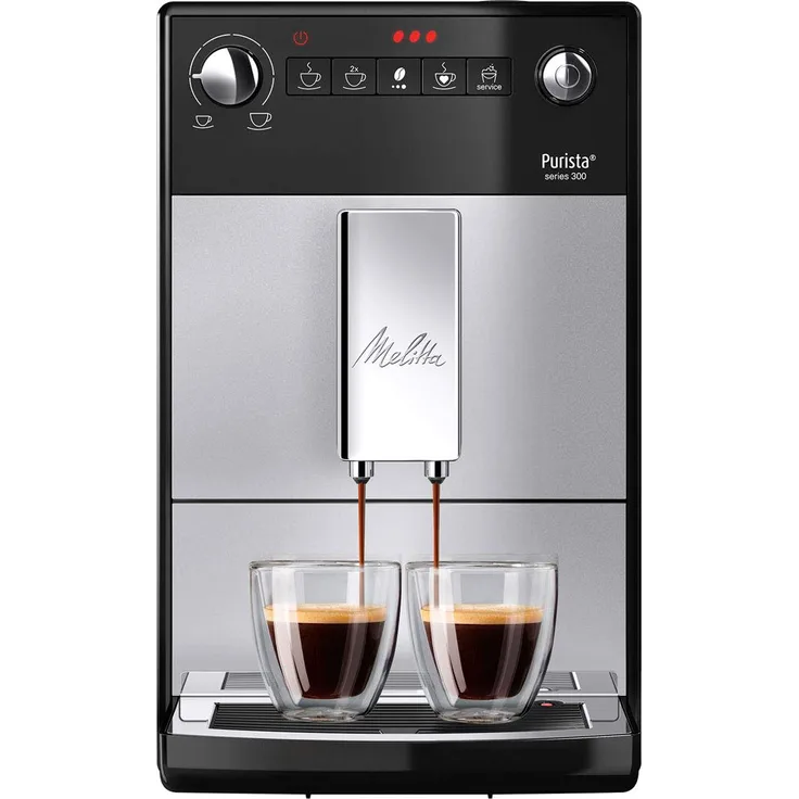 Melitta Purista F 230-101 Kaffeevollautomat mit flüsterleisem integriertem Kegelmahlwerk (Direktwahltaste, 2-Tassen Funktion, 20 cm Breite, entnehmbare Brühgruppe) silber-schwarz