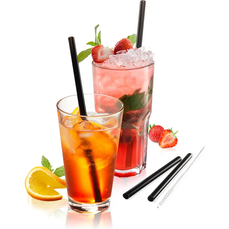 Glastrinkhalme 4er Set FUTURE - 23cm, gerade Version, schwarz - mit Bürste