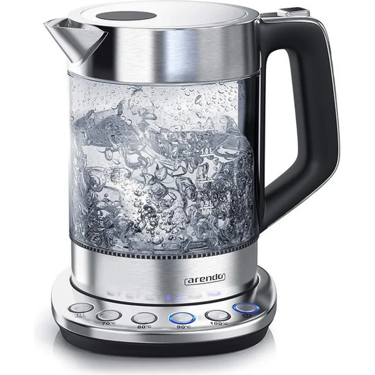Arendo Edelstahl Glas Wasserkocher mit Basisstation Solid Control, 2200W, 1,5 L, Warmhaltefunktion , silber