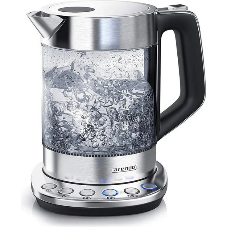 Arendo Edelstahl Glas Wasserkocher mit Basisstation Solid Control, 2200W, 1,5 L, Warmhaltefunktion , silber