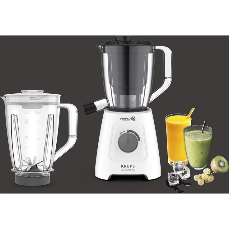 Krups KB42Q1 Blendforce 2in1 Standmixer, 600 Watt, 6 Messer Powelix-Technologie, 2 Geschwindigkeiten+Pulse, Ice Crush-Funktion, inklusive: Mixbehälter, Entsafterbehälter, Saftbehälter, Weiß-Grau – Bild 1