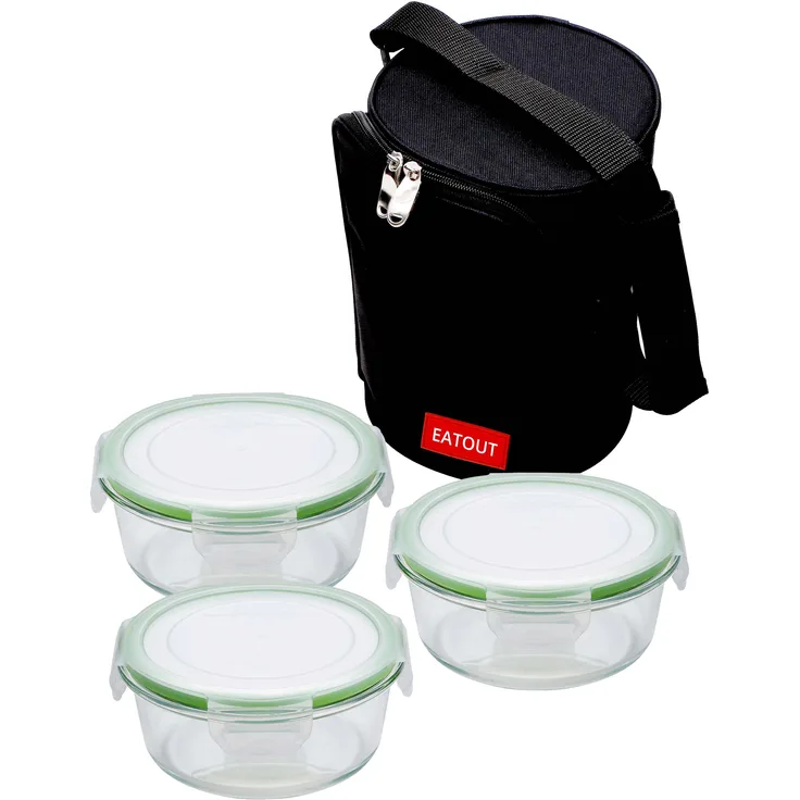 Renberg eatout Set Kühltasche + 3 Container Frischhaltedosen rund, Borosilikat, Schwarz, 27 x 25 x 25 cm 