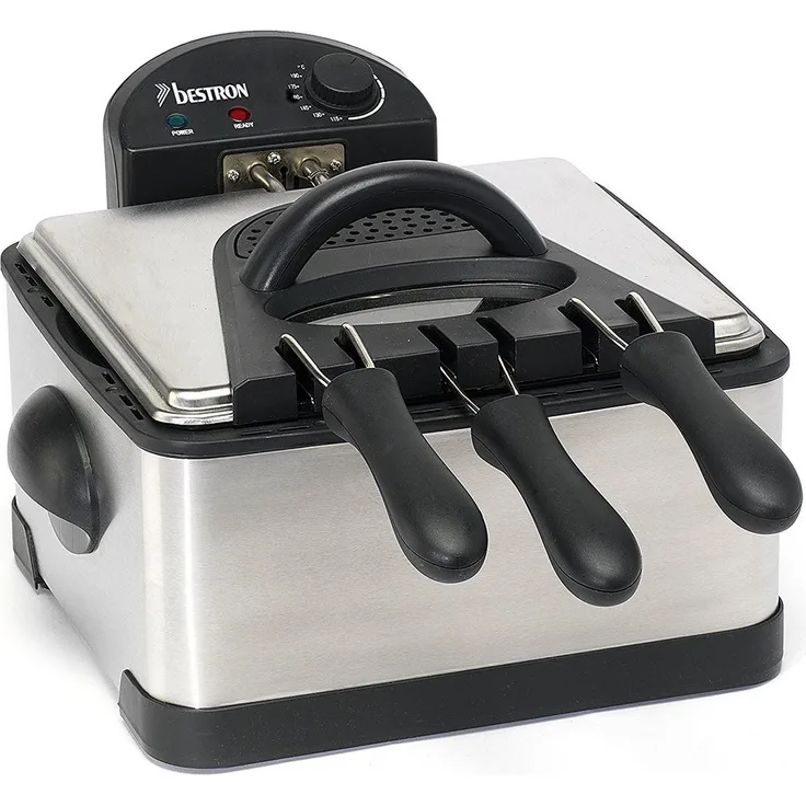 Bestron Family Fritteuse Cool Zone, 3 Frittierkörbe, 4 Liter, Für 1,5 kg oder 2x750 g Frittiergut, Sichtfenster, 2000 W, Edelstahl