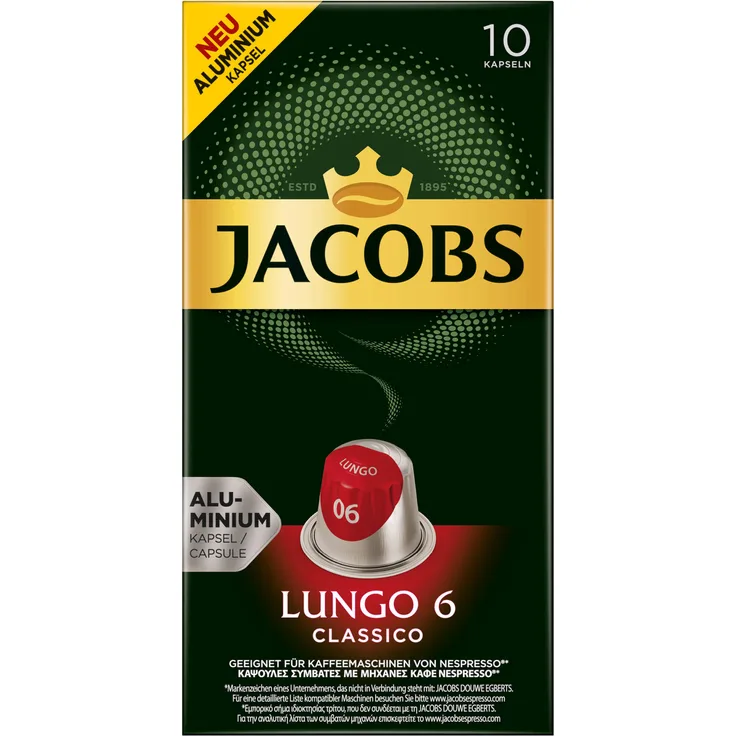 Jacobs Lungo 6 Classico, Kaffeekapseln, Nespresso Kompatibel, Kaffee, 10 Kapseln, á 5.2 g