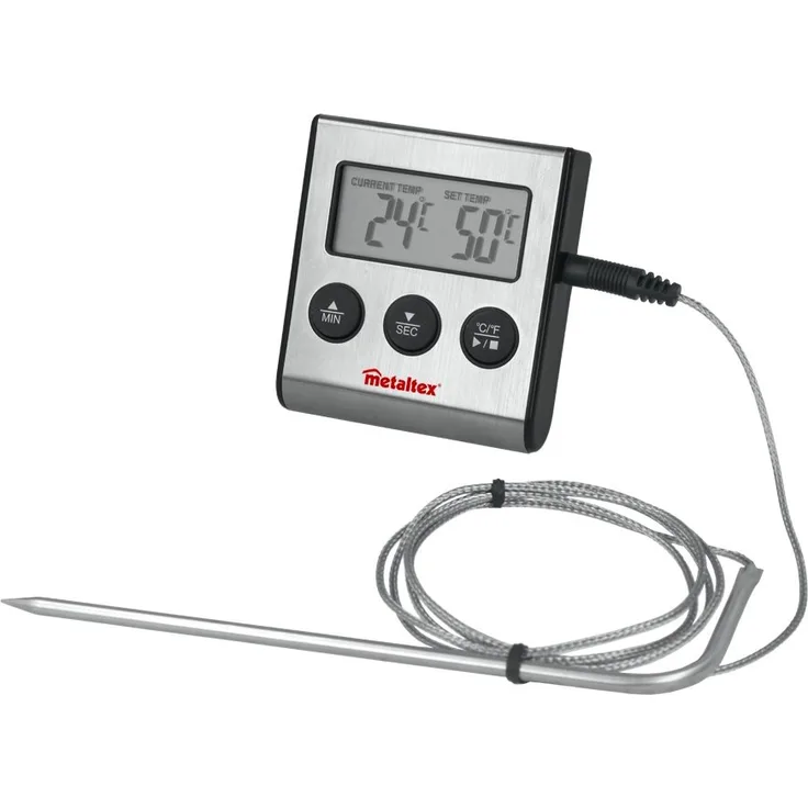 Metaltex Digital-Thermometer mit Sonde und Timer, Edelstahl, Grau, 20 x 20 x 6 cm