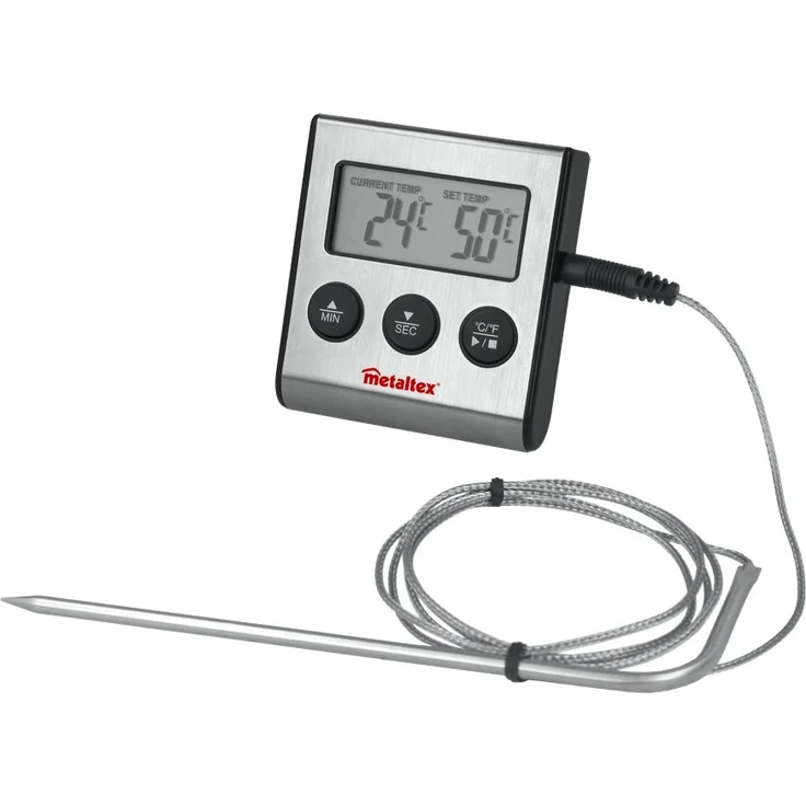 Metaltex Digital-Thermometer mit Sonde und Timer, Edelstahl, Grau, 20 x 20 x 6 cm – Bild 1