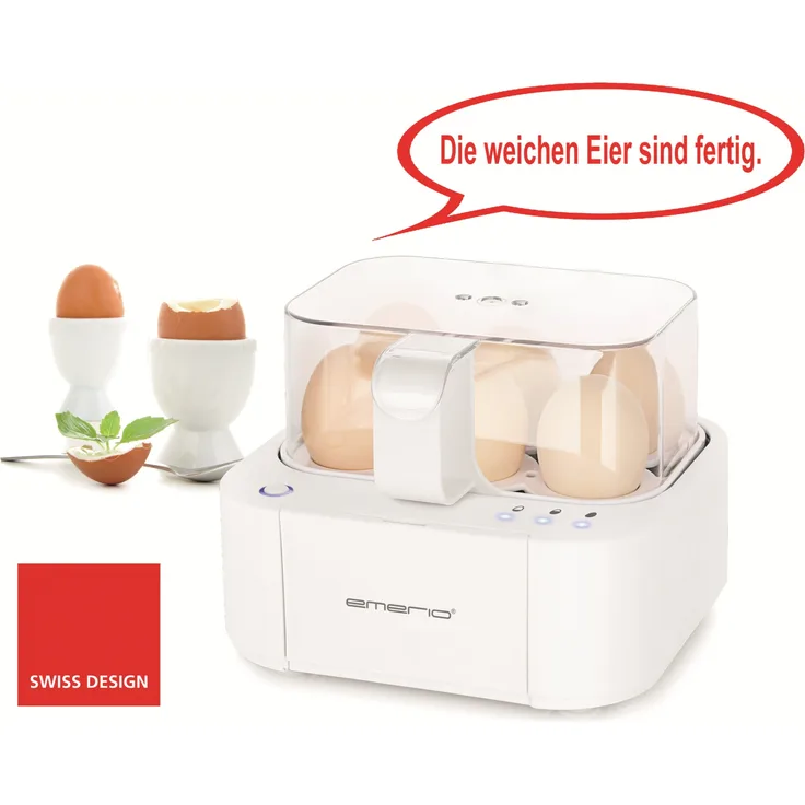 Emerio EB-115560.2, NEUHEIT, kocht alle drei Garstufen [weich|mittel|hart] in nur einem Kochvorgang mit perfektem Ergebnis, Sprachausgabe, einzigartig in Technik und Design, weiß, BPA frei, 400 Watt