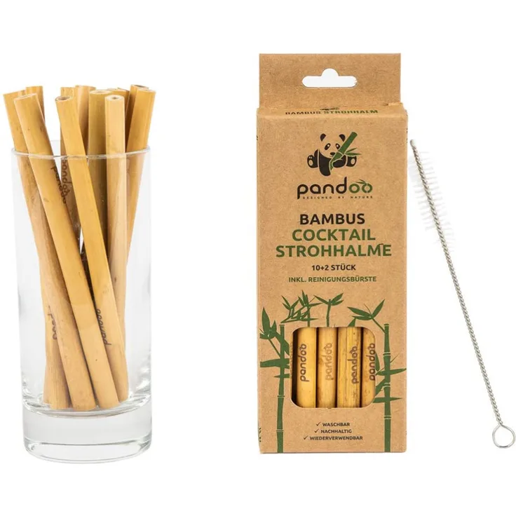 pandoo 12er-Pack Cocktail-Strohhalme aus 100% Bambus inklusive Reinigungsbürste