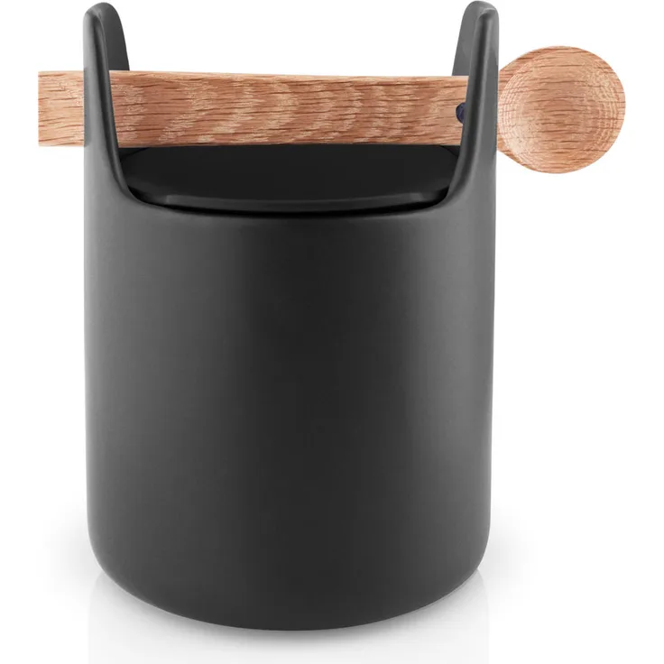 Eva Solo Toolbox Aufbewahrungsbehälter mit Löffel, Aufbewahrungsbox, Kaffeedose, Zuckerdose, Silikon-Eichenholz-Keramik, Schwarz, H: 15 cm, 520428