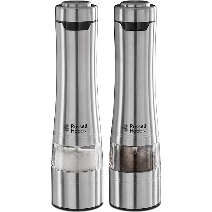 Russell Hobbs Salz und Pfeffer Mühle elektrisch Set, Edelstahl, Keramikmahlwerk, Mahlgrad einstellbar fein bis grob, LED Beleuchtung, batteriebetrieben, zwei Bodendeckel, Gewürzmühlen 23460-56 – Bild 1