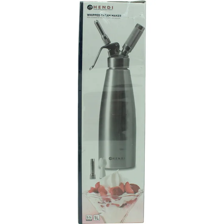 HENDI Sahnespender, Inklusive Set aus 3 Edelstahl Spritztüllen und Reinigungsbürste, Sahne-Mousses-Desserts-kalten Schäumen-Saucen, 1L, ø98x(H)330mm, Edelstahl, Silber