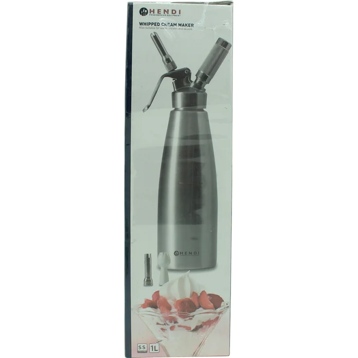 HENDI Sahnespender, Inklusive Set aus 3 Edelstahl Spritztüllen und Reinigungsbürste, Sahne-Mousses-Desserts-kalten Schäumen-Saucen, 1L, ø98x(H)330mm, Edelstahl, Silber