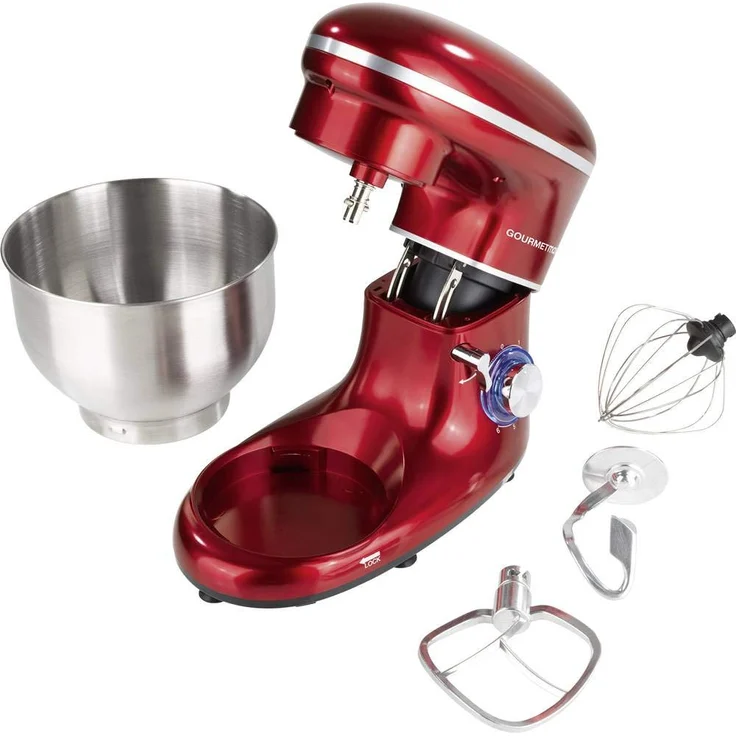 GOURMETmaxx Küchenmaschine schwarz, Direktantrieb, 1500 Watt, 5 L, 6 Geschwindigkeitsstufen, Patisserie-Set, rot – Bild 2