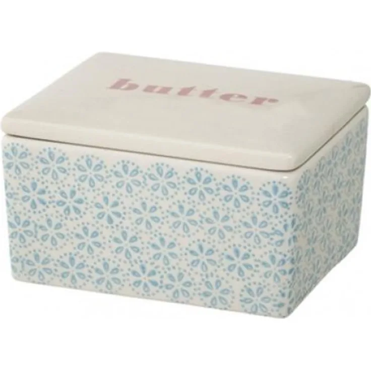 Bloomingville Butterdose Patrizia Blau Blumen Butterschale mit Deckel Butter Schale Keramik