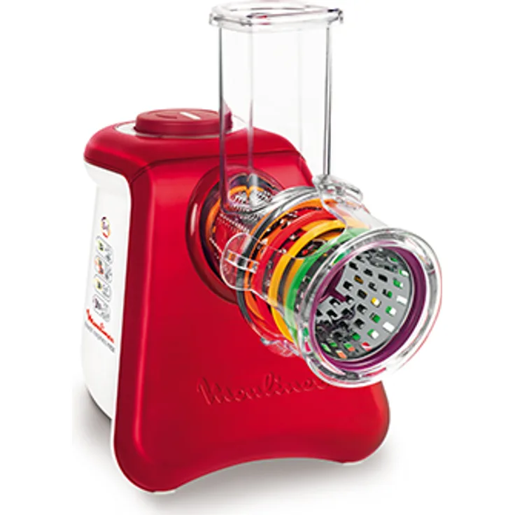 Moulinex dj812510 Reibe und elektrischer Zerkleinerer Fresh Express Max 5 in 1 ? Für Reiben, Schneiden-emincer, Kratzen und Design Die den Mixer Eis ? Aluminium gebürstet ? weiß-rot Rubin