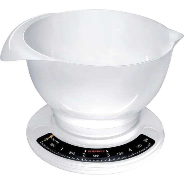Soehnle Culina Pro 5 kg, analoge Küchenwaage, weiß, Gewicht bis zu 5 kg (50-g-genau), Haushaltswaage mit großer Rührschüssel, Küchenwaage retro für Kuchen und weiteres