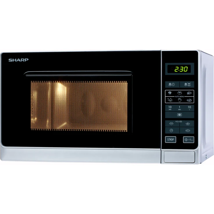 Sharp R242INW Mikrowelle, Standgerät, 20 Liter Garraum, 800 Watt, 5 Leistungsstufen, 8 Automatikprogramme, Kindersicherung, Energiesparmodus, Glasdrehteller 25,5 cm, silber – Bild 3