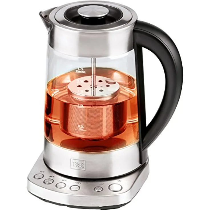 Trebs 99270 2 in 1 Wasserkocher und Teebereiter (2200 Watt, Glasgehäuse mit Temperatureinstellung, Warmhaltefunktion, max. 1,7 l, Edelstahl)