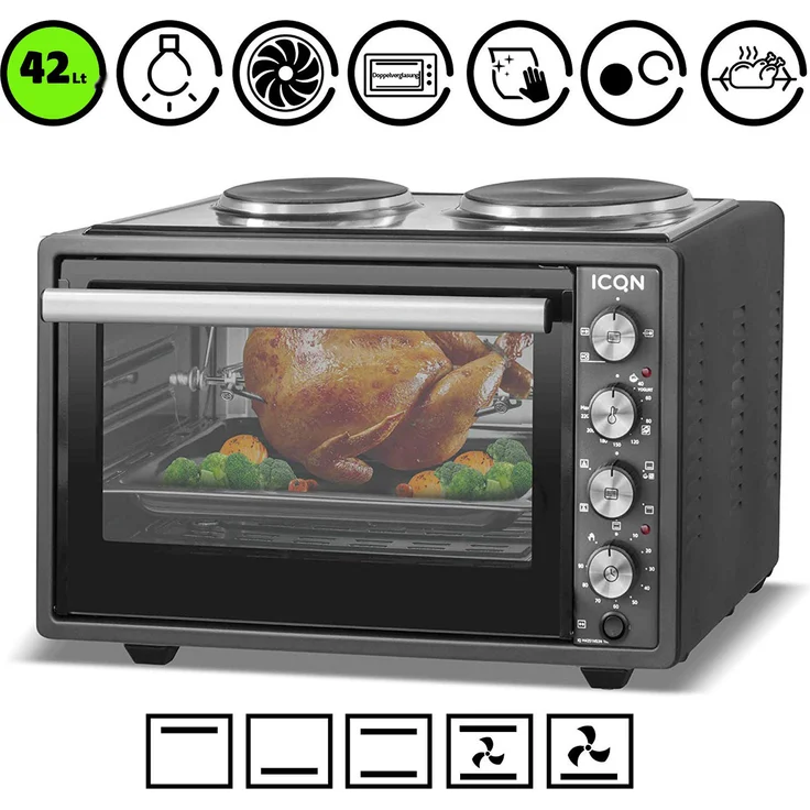 ICQN 42 Liter Mini-Backofen mit 2 Kochplatten und Umluft – Bild 1