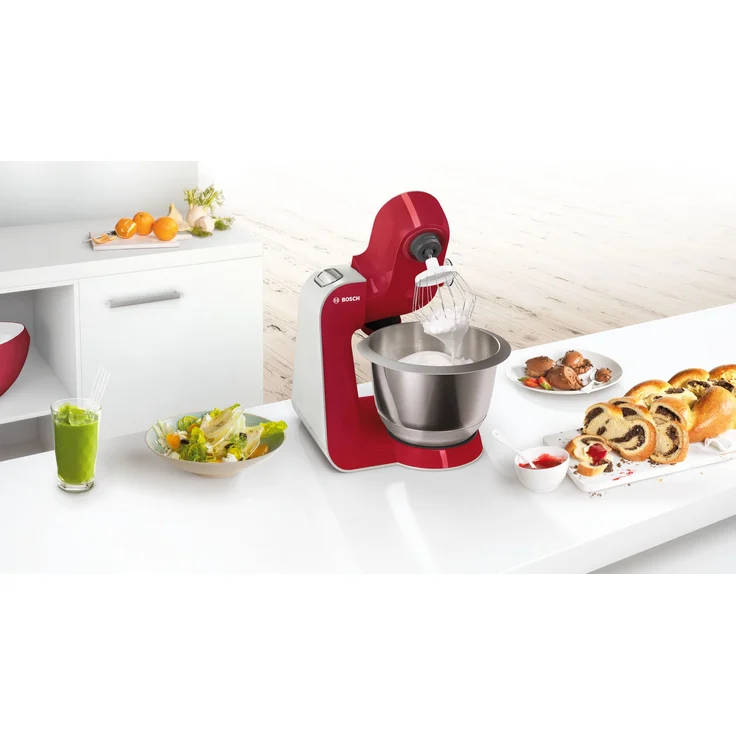 Bosch MUM58720 CreationLine Küchenmaschine mit Planetenrührwerk 1000 W, 3,9 Schüssel, 7 Geschwindigkeiten, Patisserie-Set, Standmixeraufsatz, Durchlaufschnitzler mit 3 Scheiben, deep red, Serie: MUM5 – Bild 5